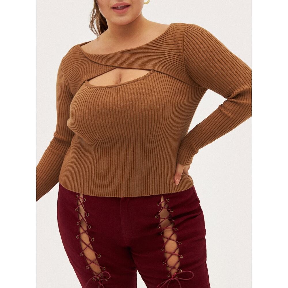 Cider Ribbed Knit Cut Out Top Womens Size 1X Camel Twist Neck Stretch